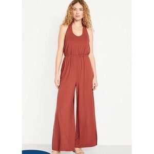 NWT Old Navy Waist Defined Halter Jumpsuit Gingerspice Wide Leg Stretch Sz LP